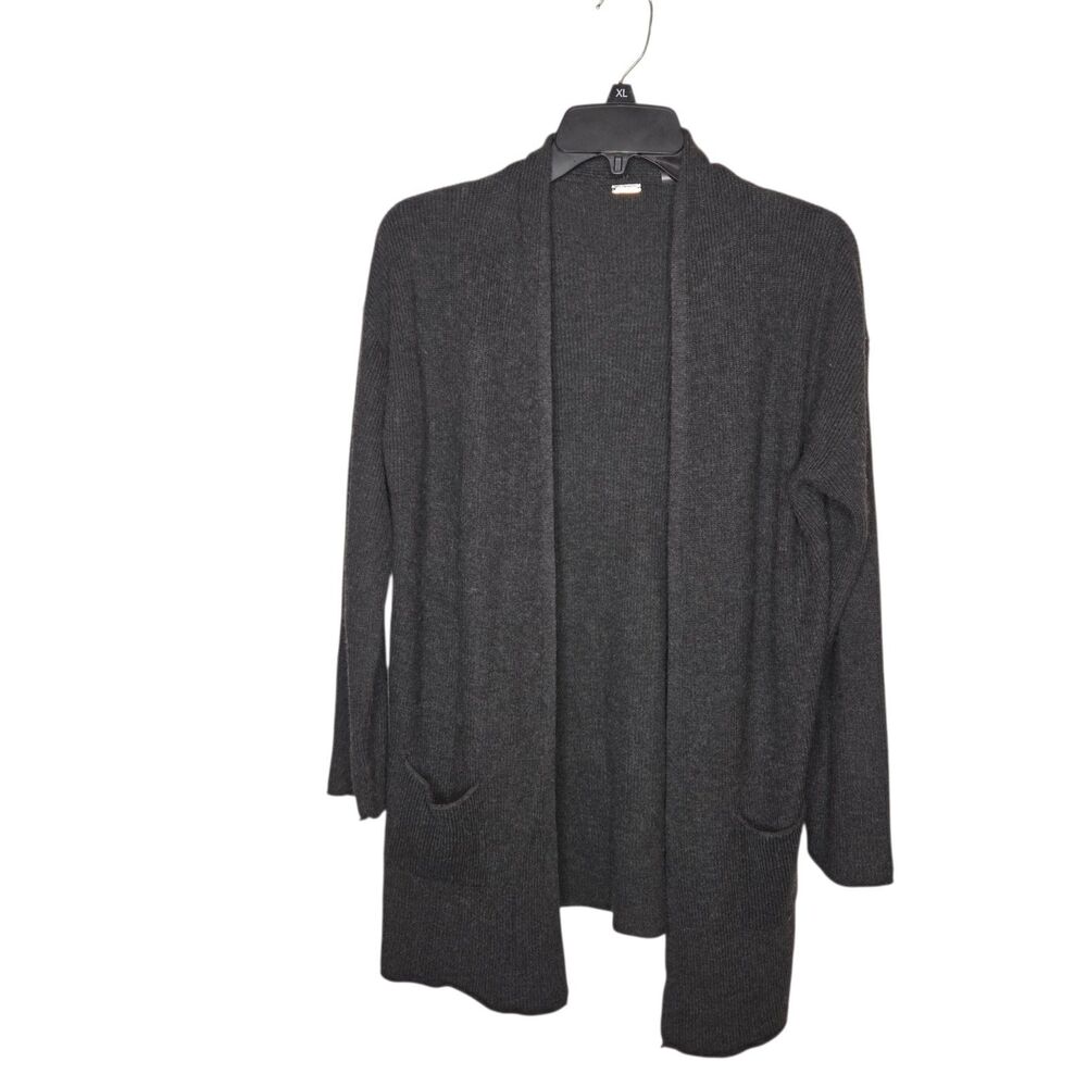T Tahari Charcoal Gray Ribbed Open-Front Long Cardigan Sweater Pockets Large